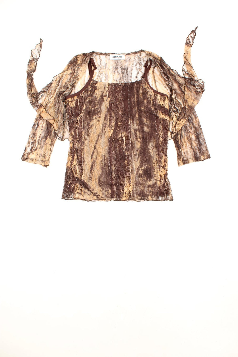 Y2K GERARD lace cami top in brown with attached lace shrug/shawl.