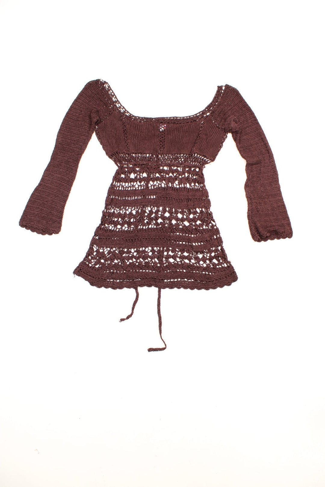 Y2K brown crochet top with 3/4 length sleeves and tie under the bust.