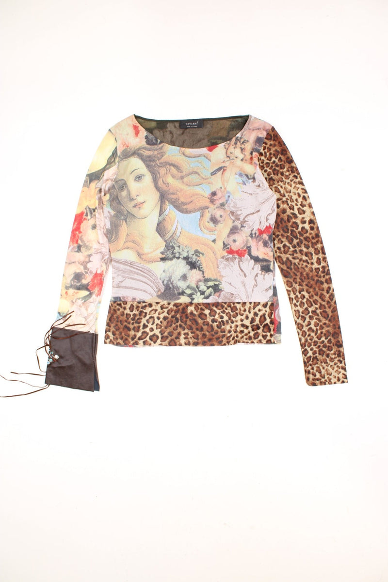 Y2K print-clashing mesh top by Taviani featuring the Birth of Venus, cherubs, leopard print on the sleeves and hem, and featuring one faux leather beaded cuff with tassels on the right hand side.  