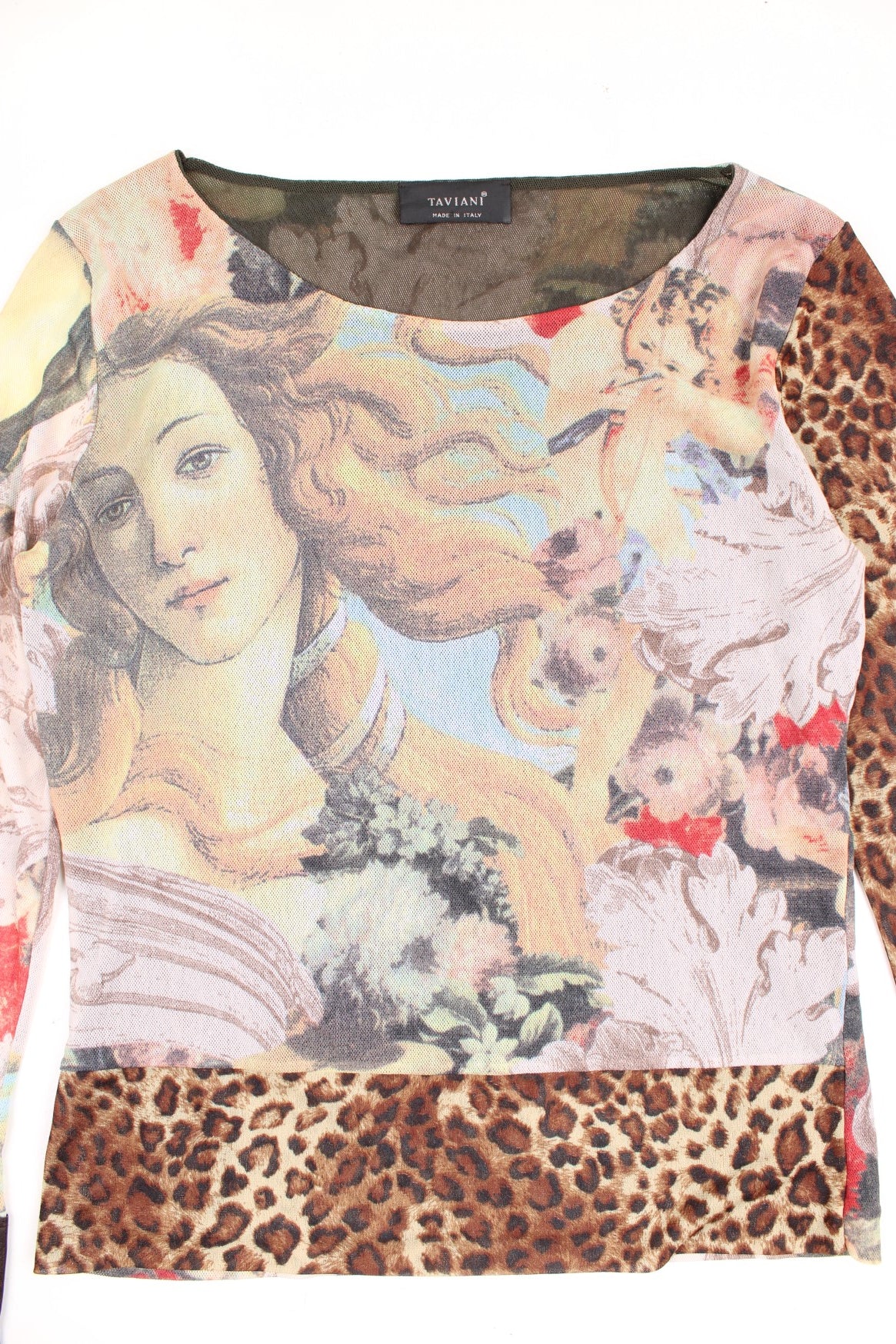 Y2K print-clashing mesh top by Taviani featuring the Birth of Venus, cherubs, leopard print on the sleeves and hem, and featuring one faux leather beaded cuff with tassels on the right hand side.  