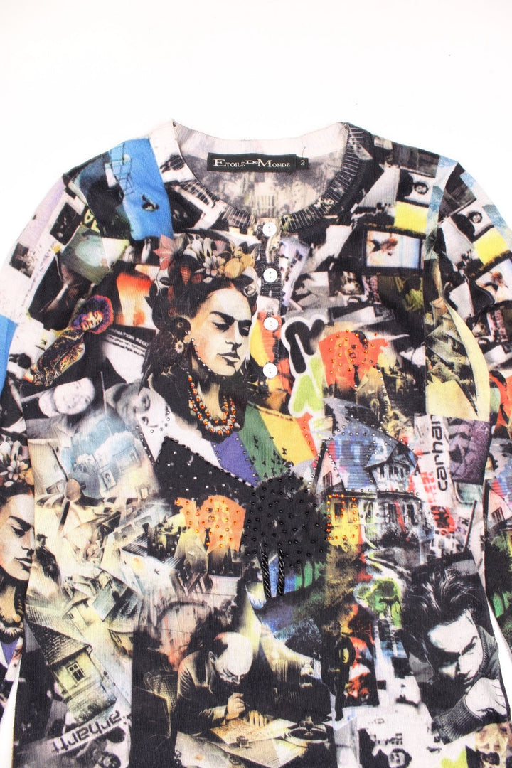 Etoile Du Monde graffiti/collage style printed henley tee featuring Frida Kahlo, Jimi Hendrix etc and small rhinestone detailing. 