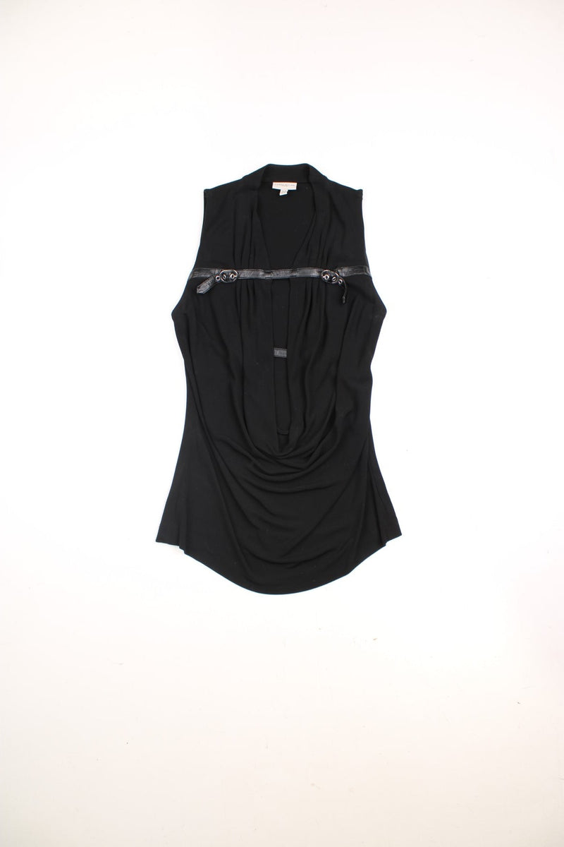 Y2K Karen Millen plunge cowl neck top with buckle detailing across the chest and built-in elasticated bra top inside.