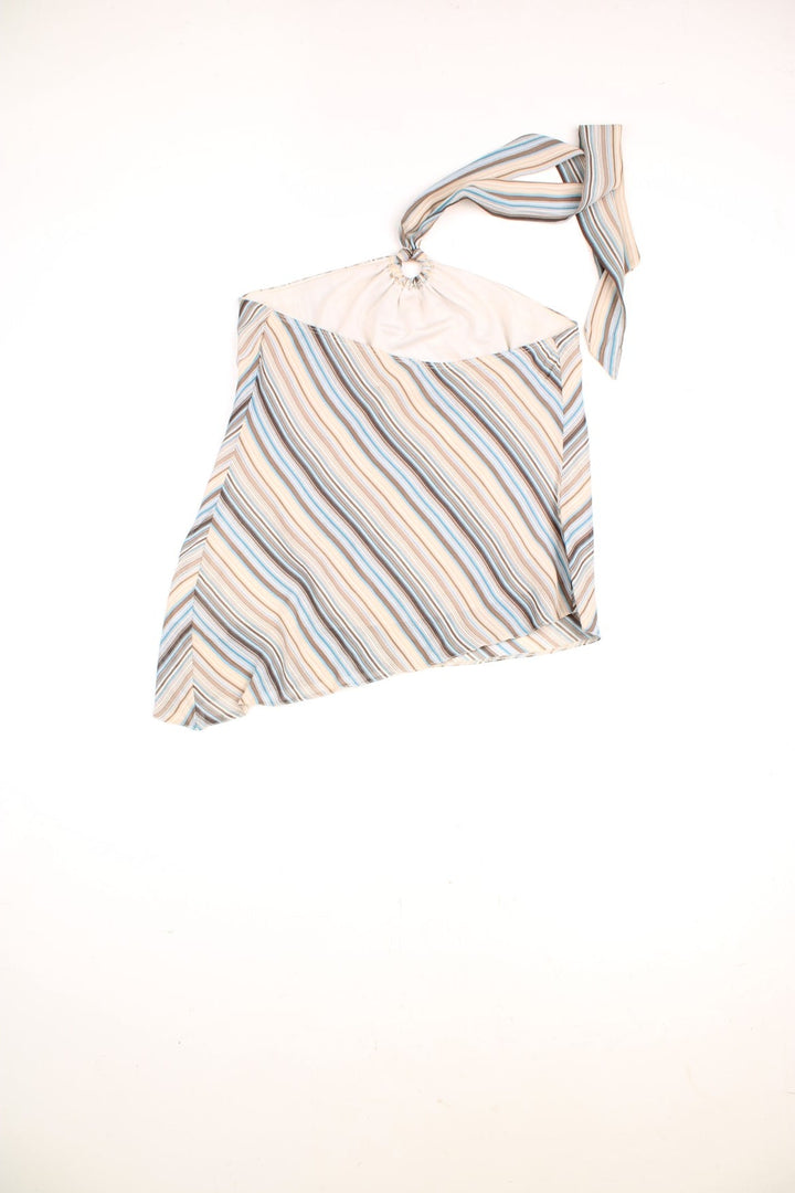 Y2K New Look blue and brown striped top with O-ring detailing, a tie-up halter neck, and an asymmetrical hem.