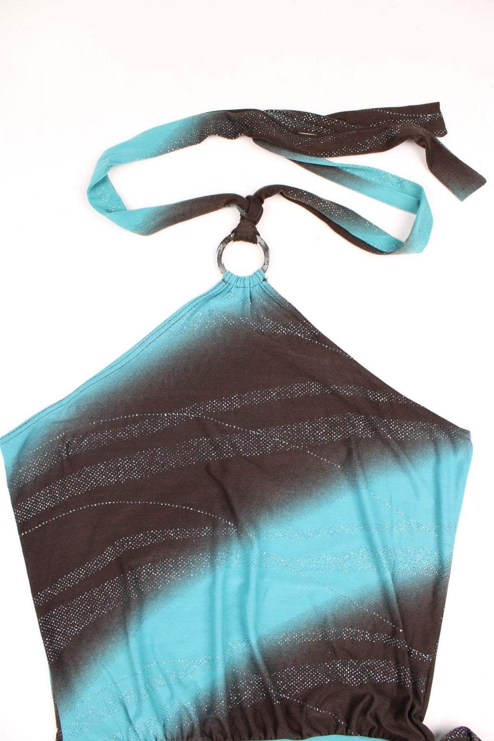 Y2K blue and brown glittery tie-up halter neck top with O-ring detail and waist tie. 