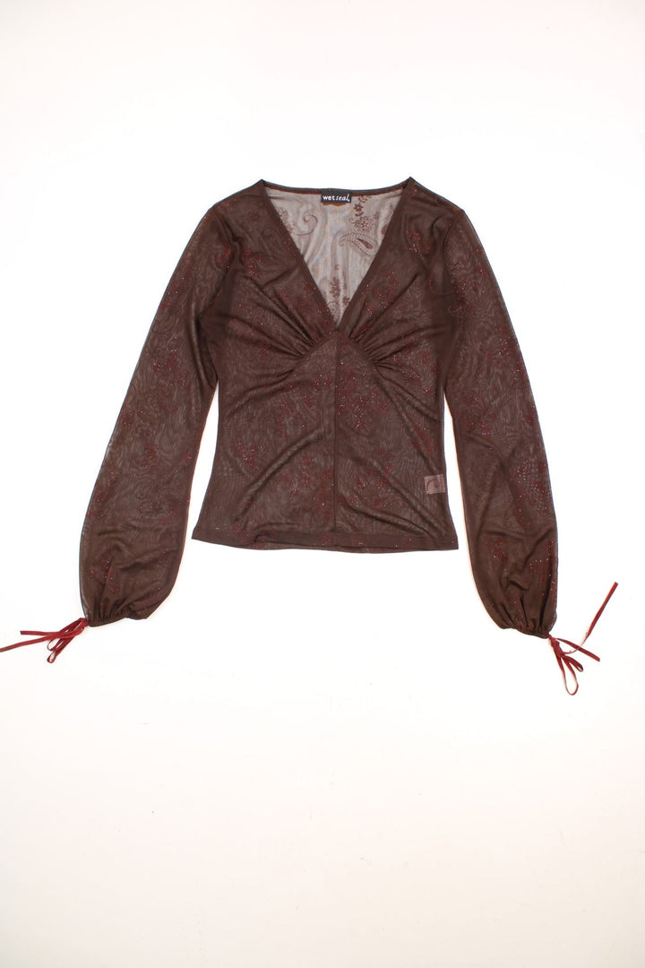 Wet Seal brown mesh v-neck top with a subtle glittery floral pattern, ruching on the bust, and bishop sleeves with ribbon ties at the cuff. 