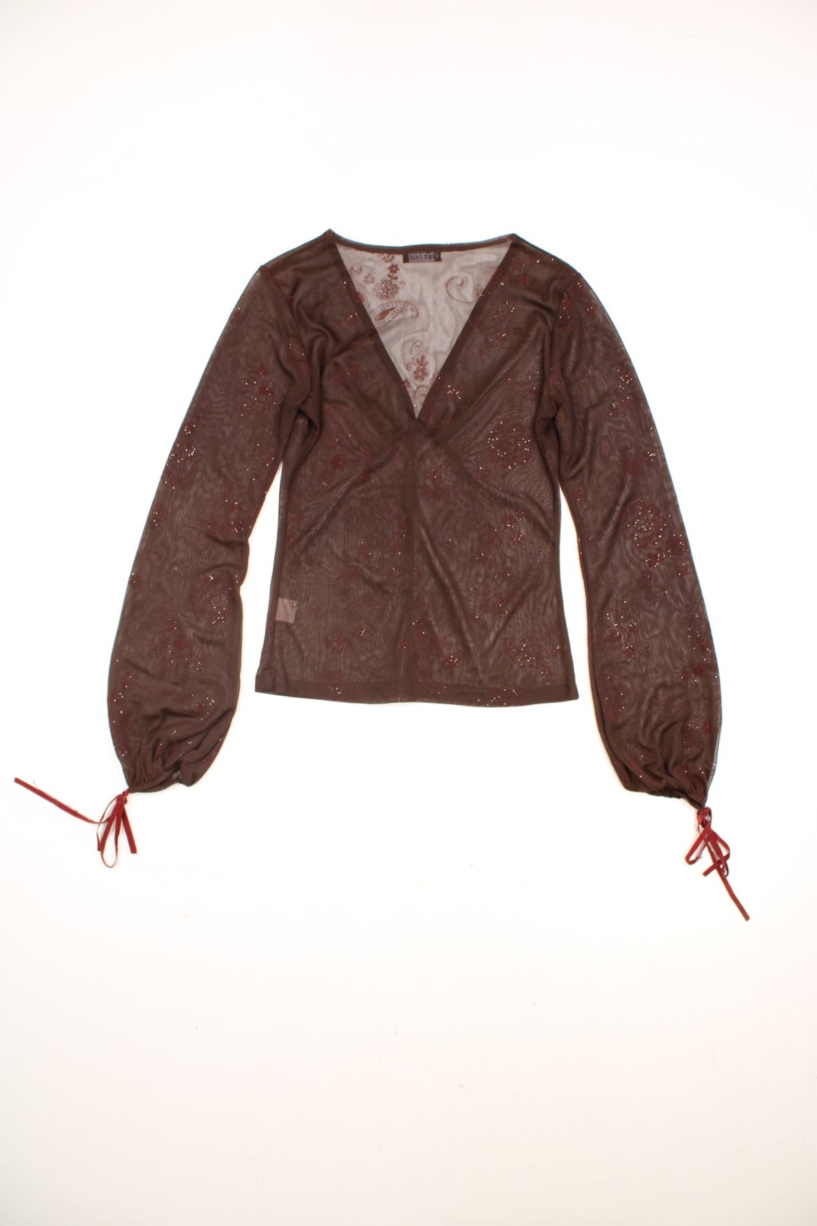 Wet Seal brown mesh v-neck top with a subtle glittery floral pattern, ruching on the bust, and bishop sleeves with ribbon ties at the cuff. 