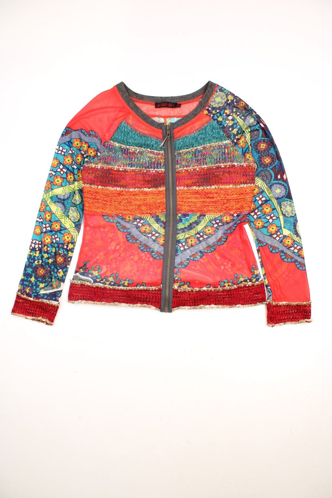 Lulu H Paris multicoloured mesh and knit zip-through top with floral and paisley designs.  