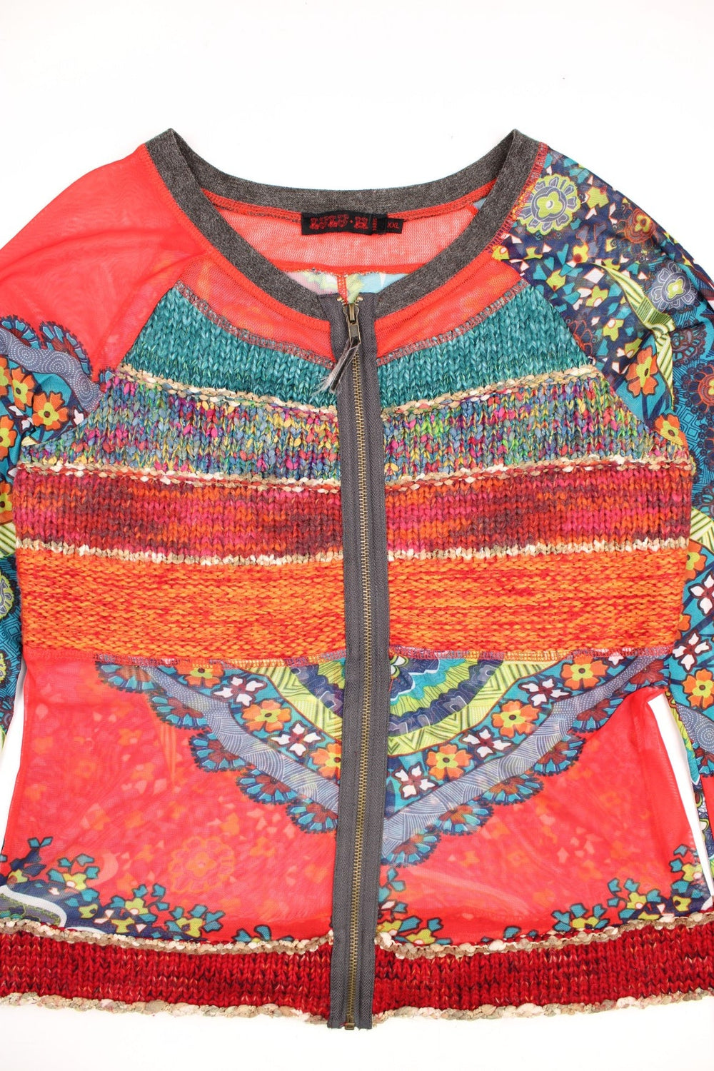 Lulu H Paris multicoloured mesh and knit zip-through top with floral and paisley designs.  