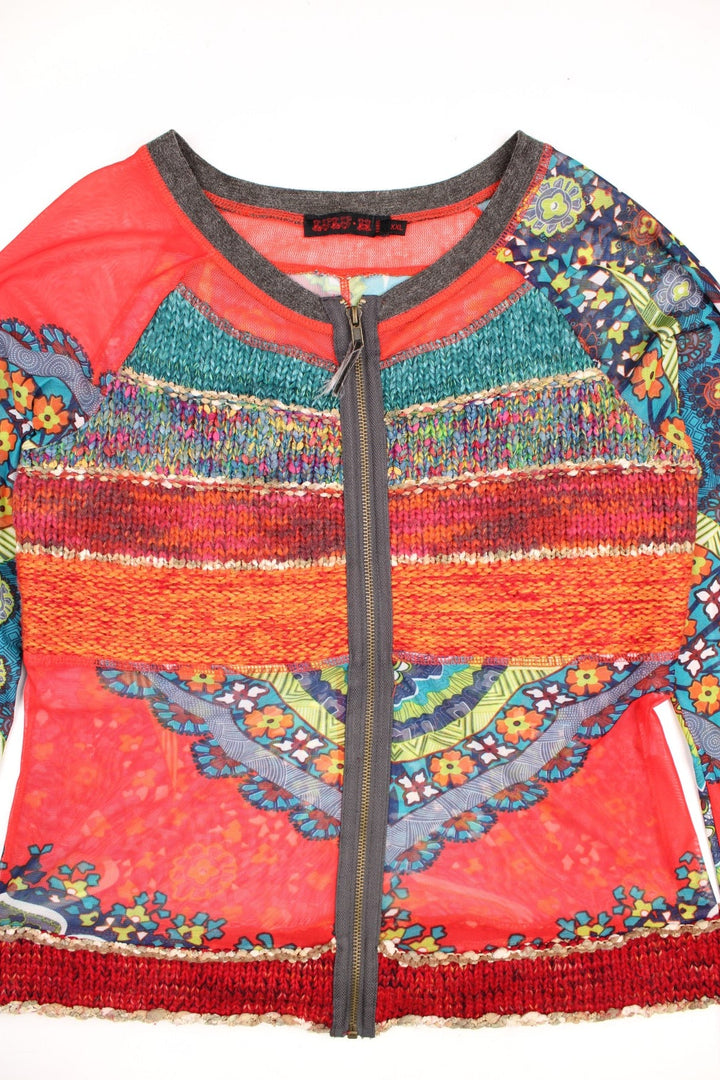 Lulu H Paris multicoloured mesh and knit zip-through top with floral and paisley designs.  