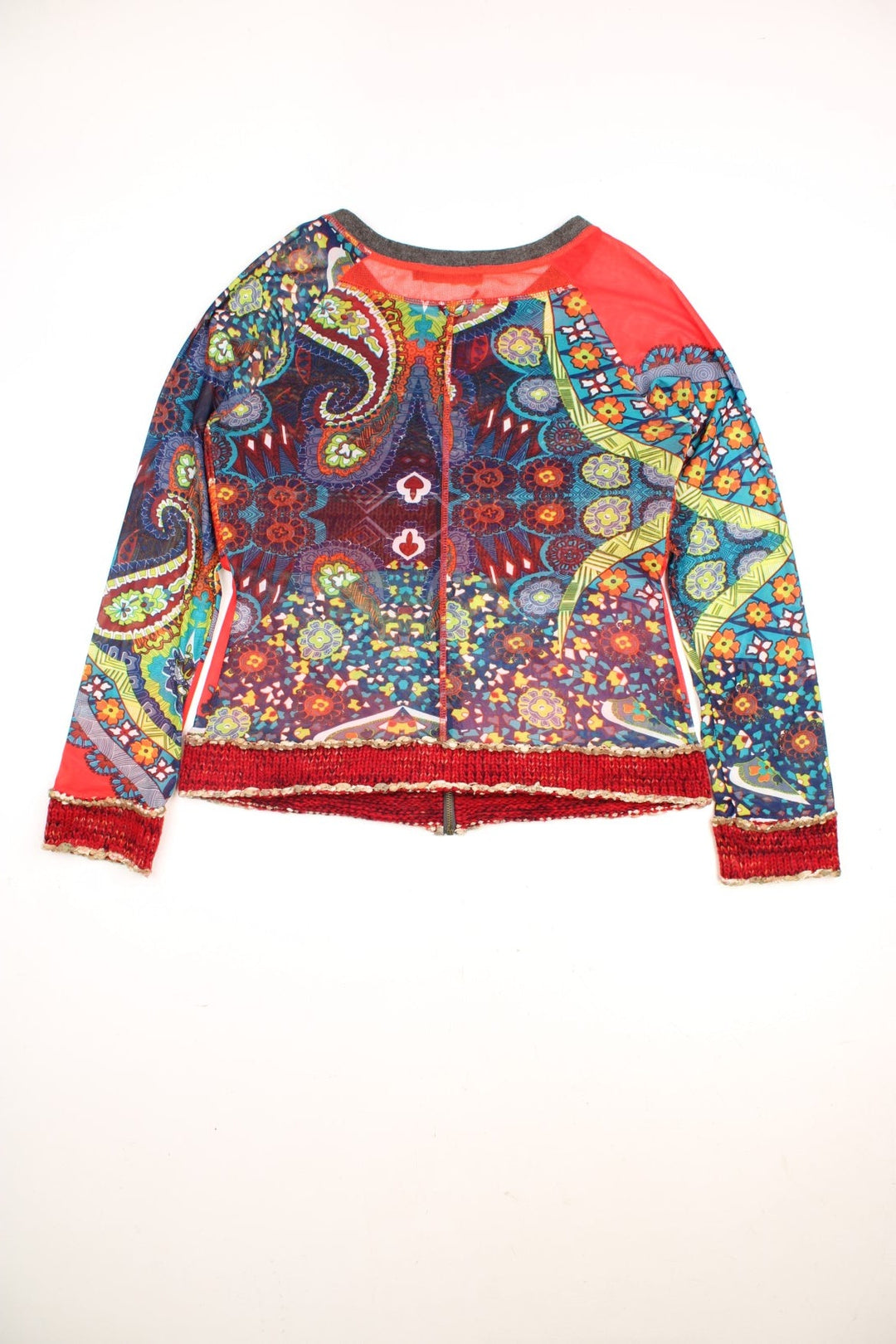 Lulu H Paris multicoloured mesh and knit zip-through top with floral and paisley designs.  