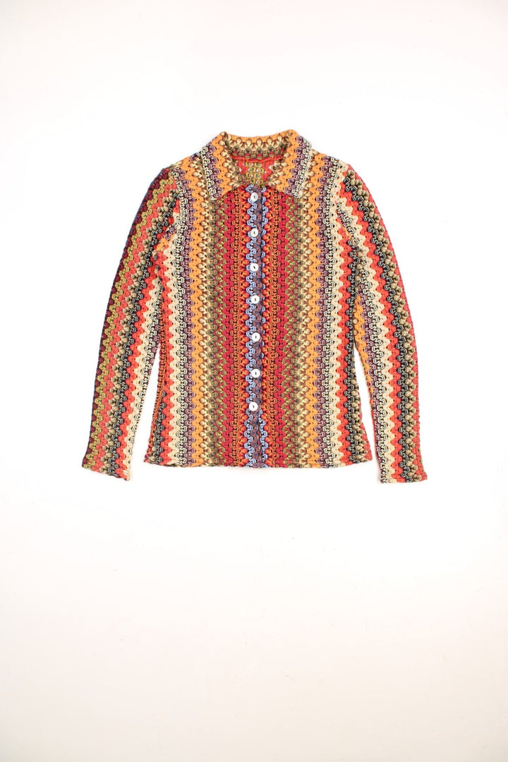 Collared crochet top with a multicoloured zig-zag vertical stripe pattern and real mother of pearl buttons.