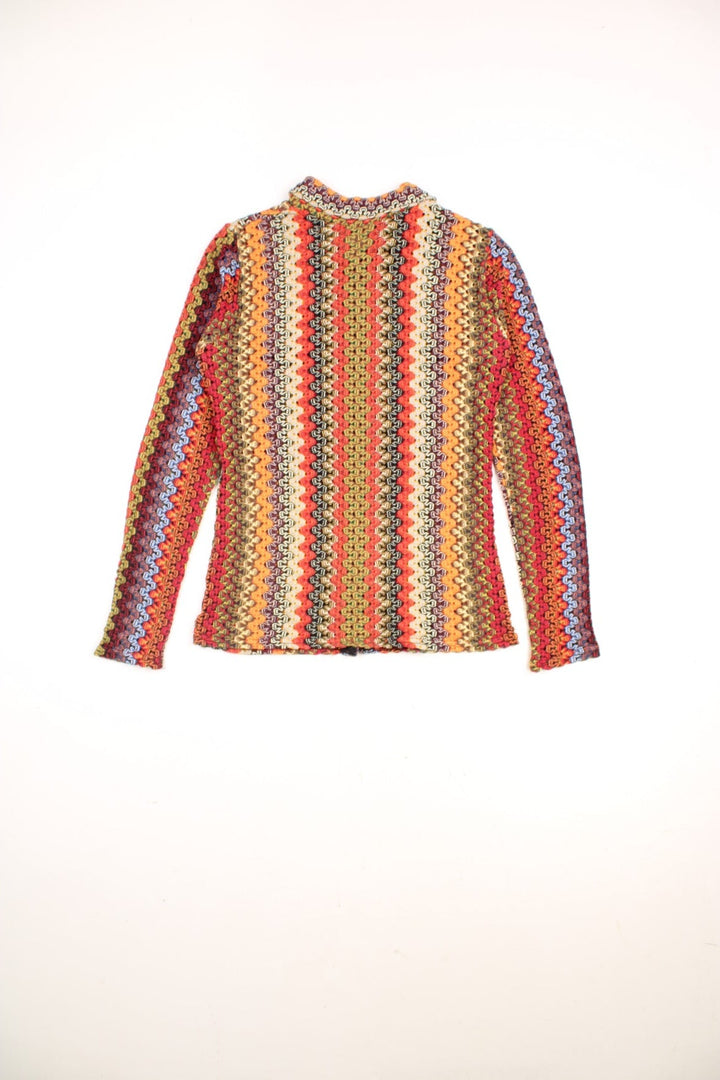 Collared crochet top with a multicoloured zig-zag vertical stripe pattern and real mother of pearl buttons.