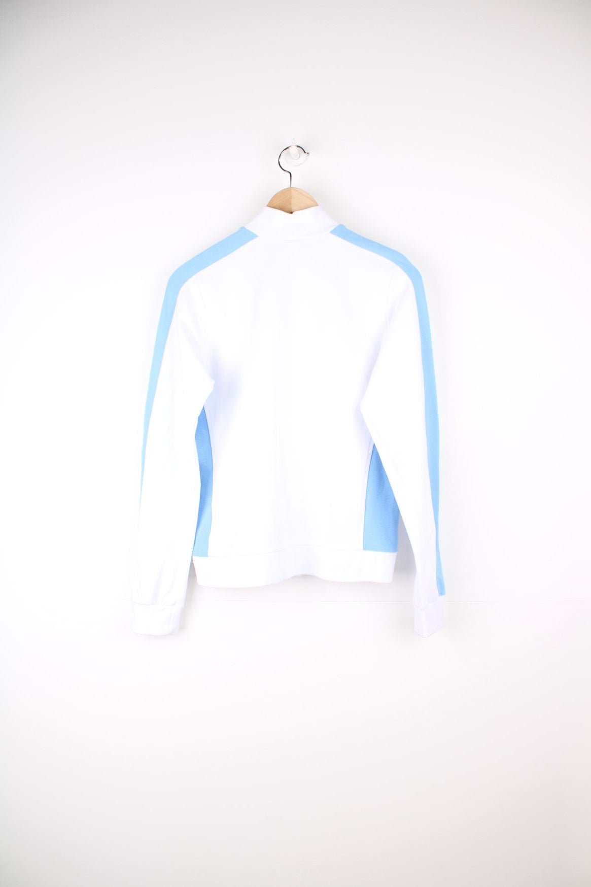 White Reebok zip through sweatshirt with blue stripe down each sleeve and puff printed logo.