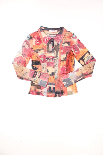 Cache Cache mesh shirt in red and orange with all over graphic print. 