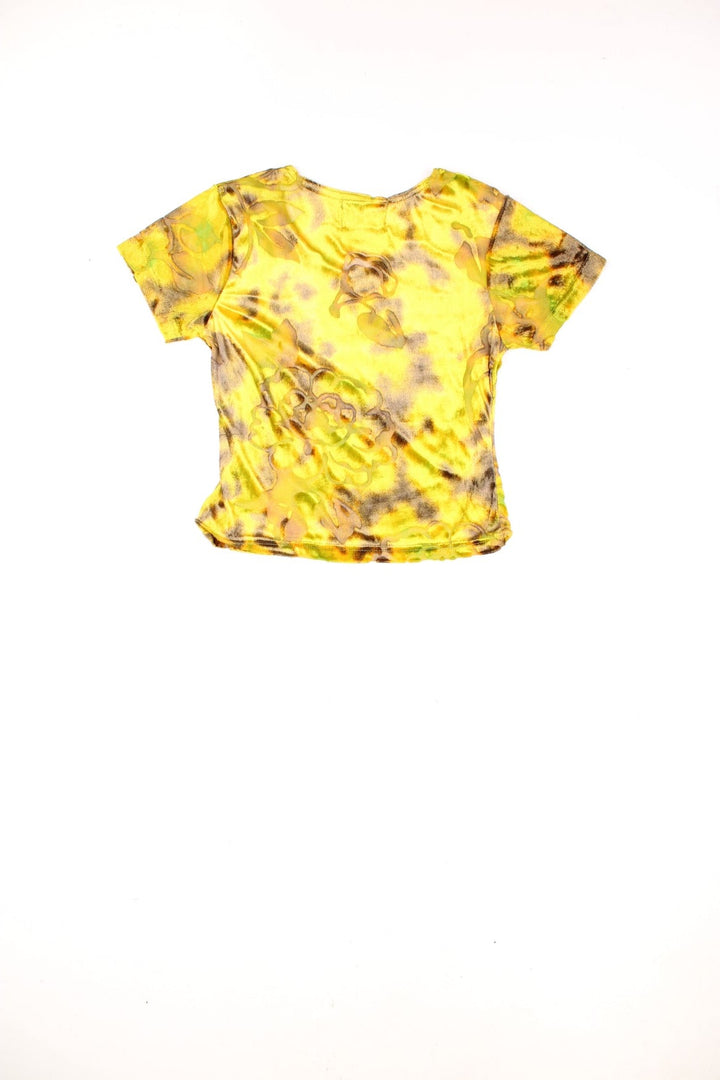 A.C mesh and velvet crop top with yellow and green floral print.