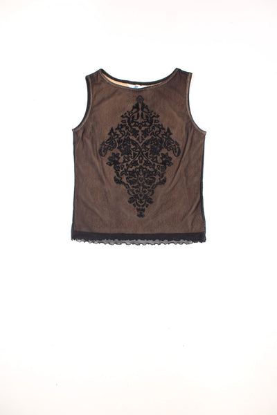 Vintage New Look mesh vest top with beige lining, and velvet floral pattern on the front.