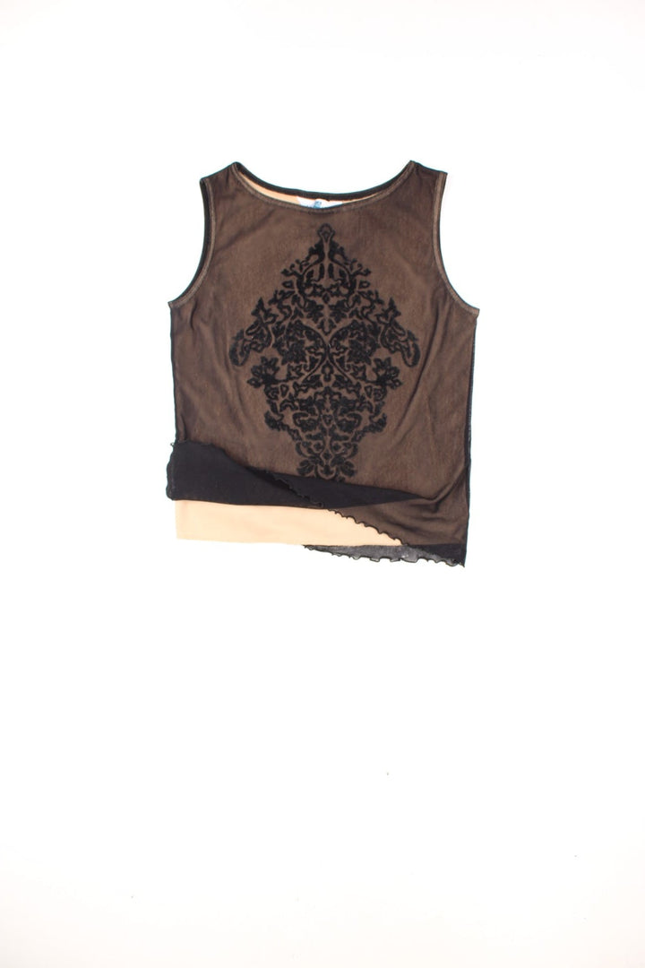 Vintage New Look mesh vest top with beige lining, and velvet floral pattern on the front.