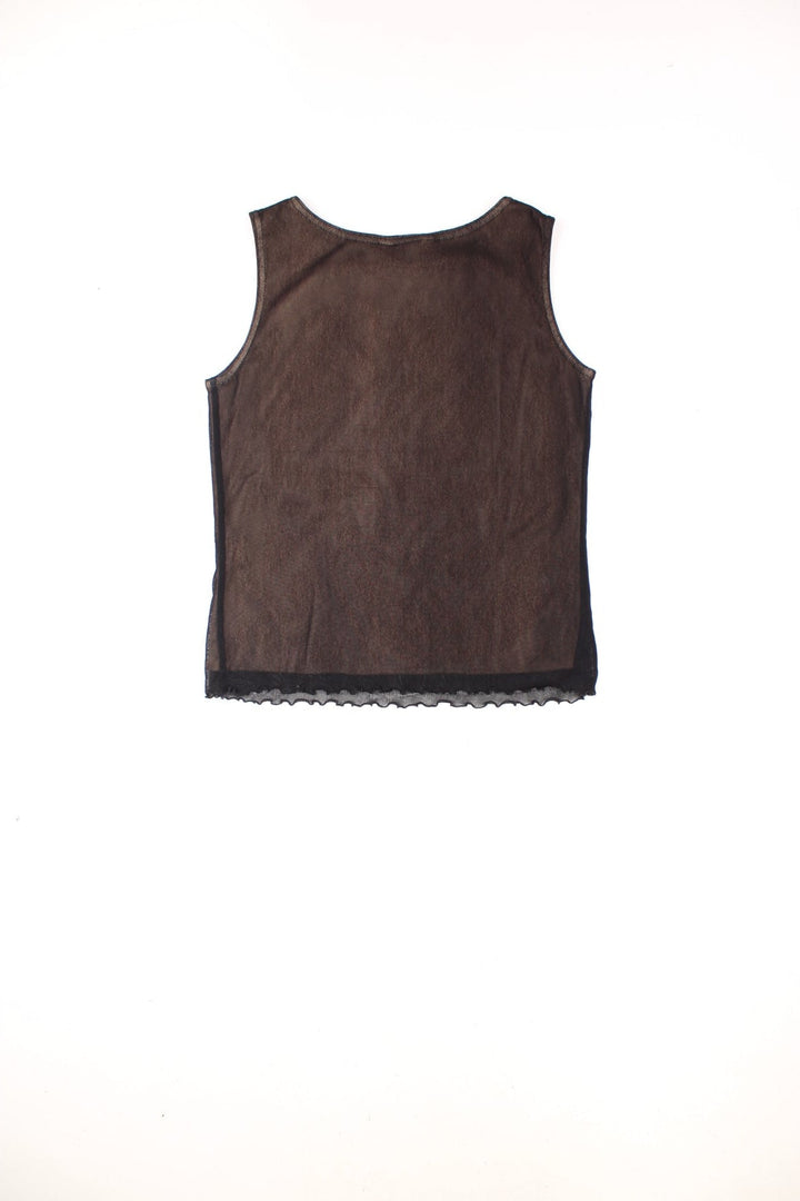 Vintage New Look mesh vest top with beige lining, and velvet floral pattern on the front.