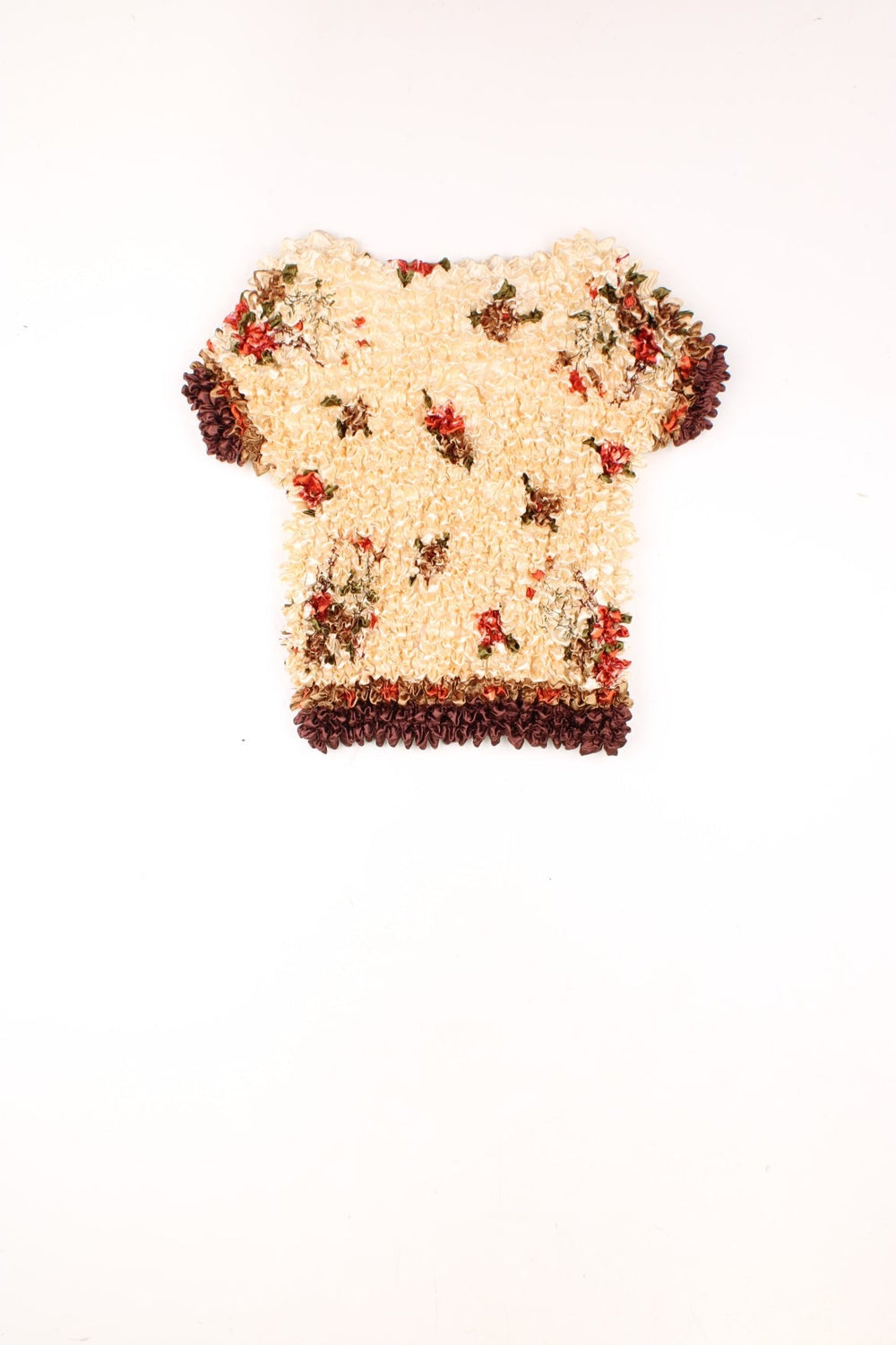 Yellow 90s popcorn top with red floral print.