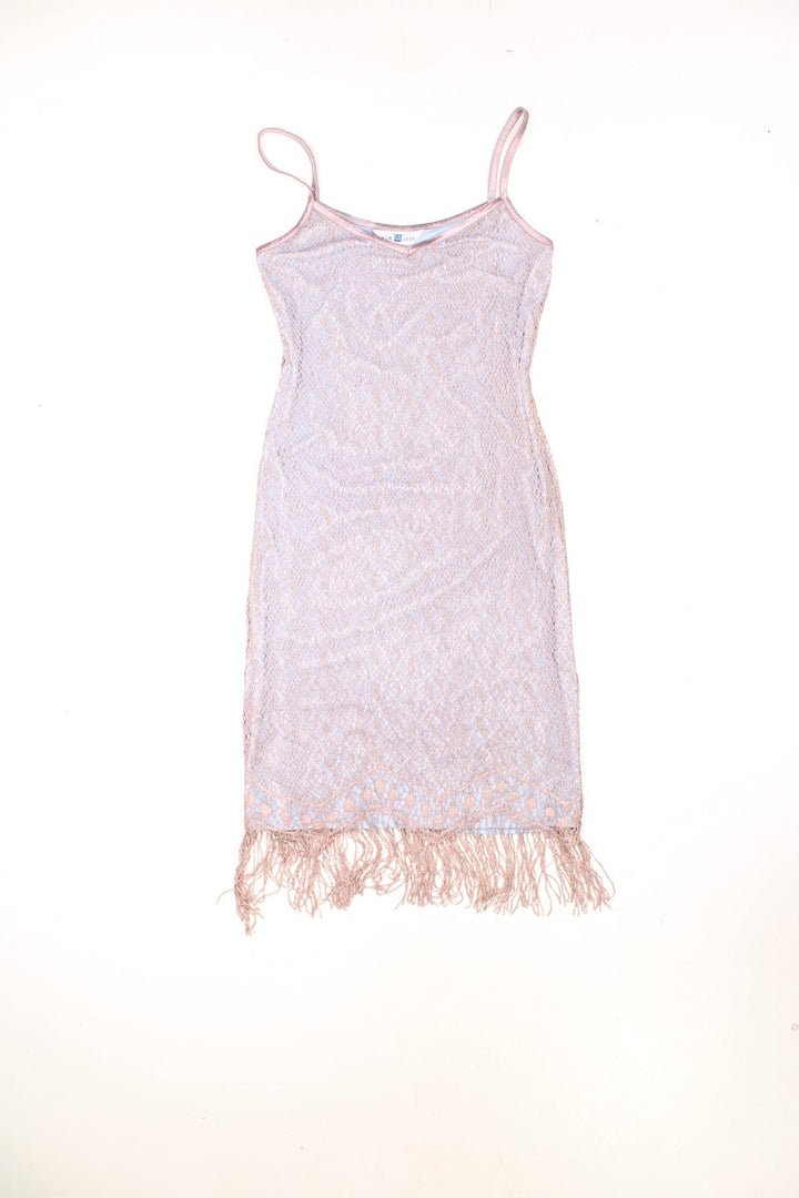 New Look Fringed Mini Dress in a pink and blue colourway, metalic crochet shell with a polyester lining, and has fringed tassles at the bottom. 