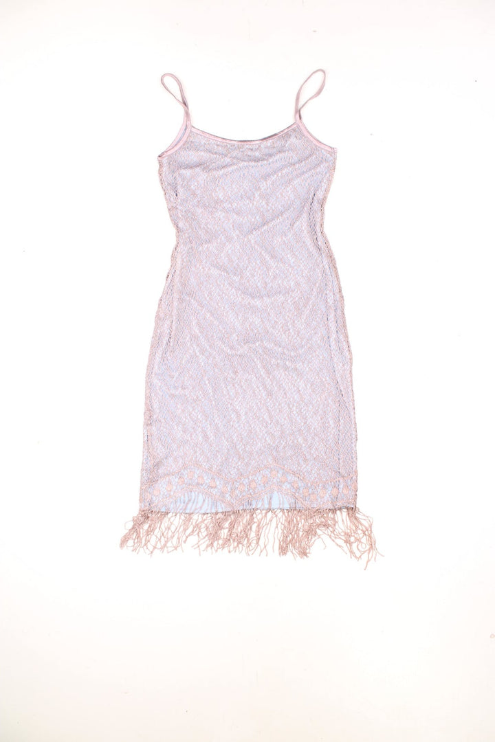 New Look Fringed Mini Dress in a pink and blue colourway, metalic crochet shell with a polyester lining, and has fringed tassles at the bottom. 