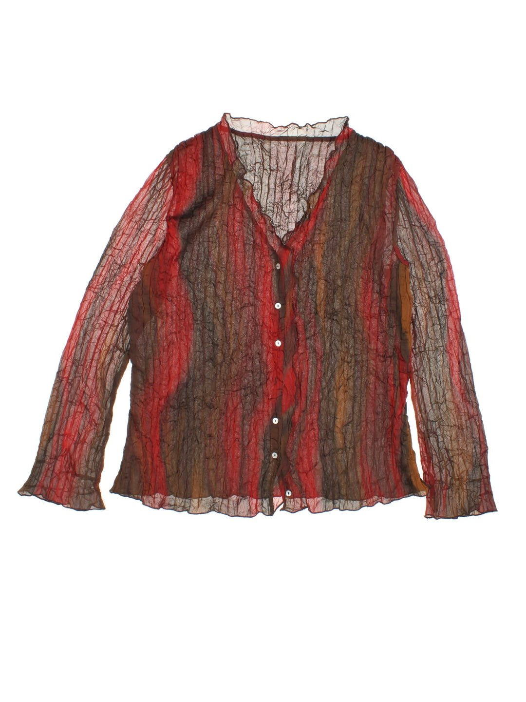 Y2K sheer crinkle fabric blouse in red and brown with pearl buttons.