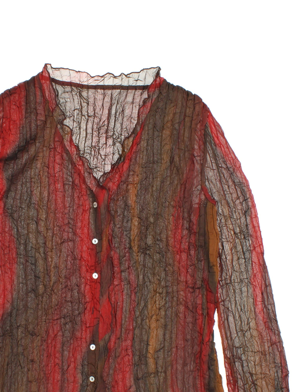 Y2K sheer crinkle fabric blouse in red and brown with pearl buttons.