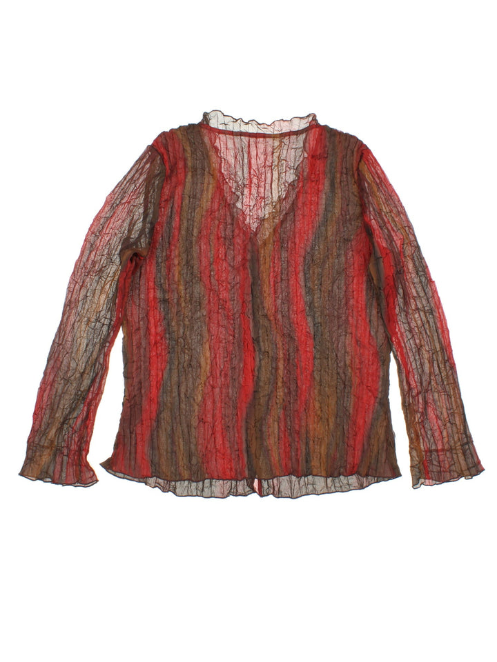 Y2K sheer crinkle fabric blouse in red and brown with pearl buttons.