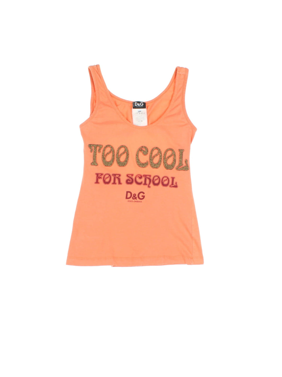 Y2K Dolce and Gabana vest top in orange with a back cutout, and beaded text on the front reading 'Too Cool For School' and a printed company logo.