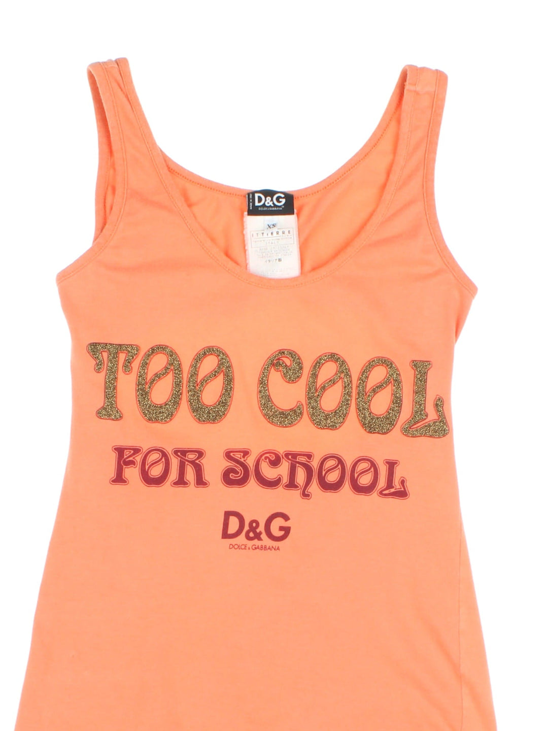 Y2K Dolce and Gabana vest top in orange with a back cutout, and beaded text on the front reading 'Too Cool For School' and a printed company logo.