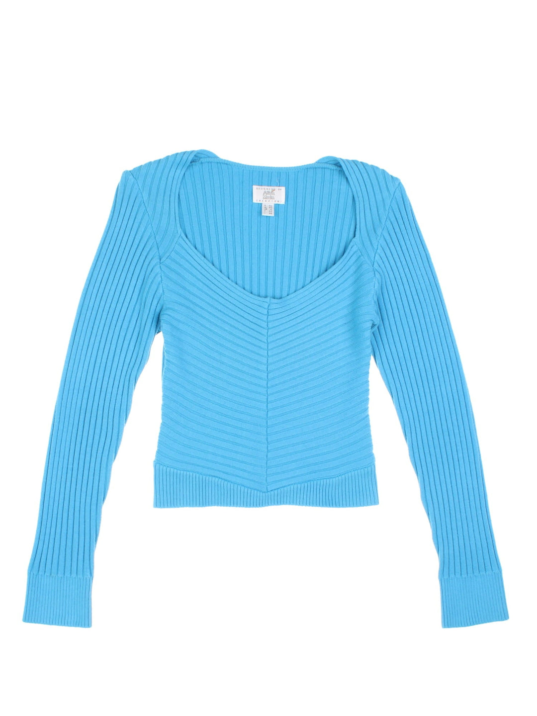 Y2K v-neck ribbed knit top in blue by Alba Moda Creazioni.