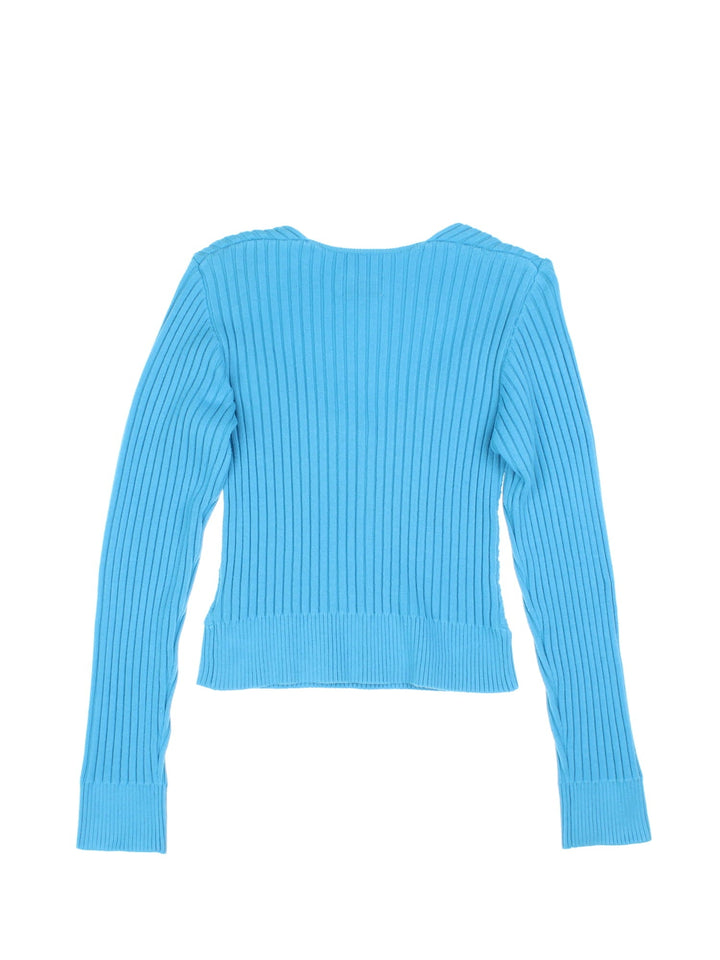 Y2K v-neck ribbed knit top in blue by Alba Moda Creazioni.