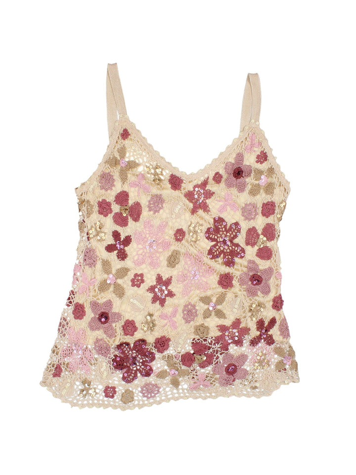 Y2K sequined crochet top in tan with pink floral designs and an attached tan cami underneath by Etam.