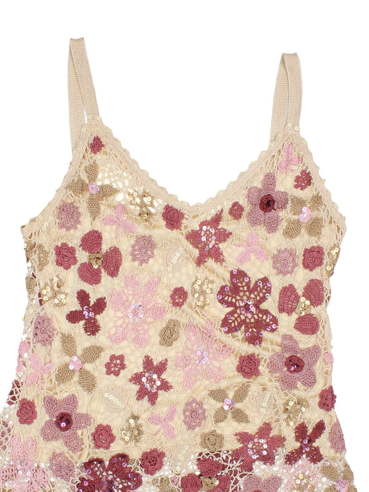 Y2K sequined crochet top in tan with pink floral designs and an attached tan cami underneath by Etam.