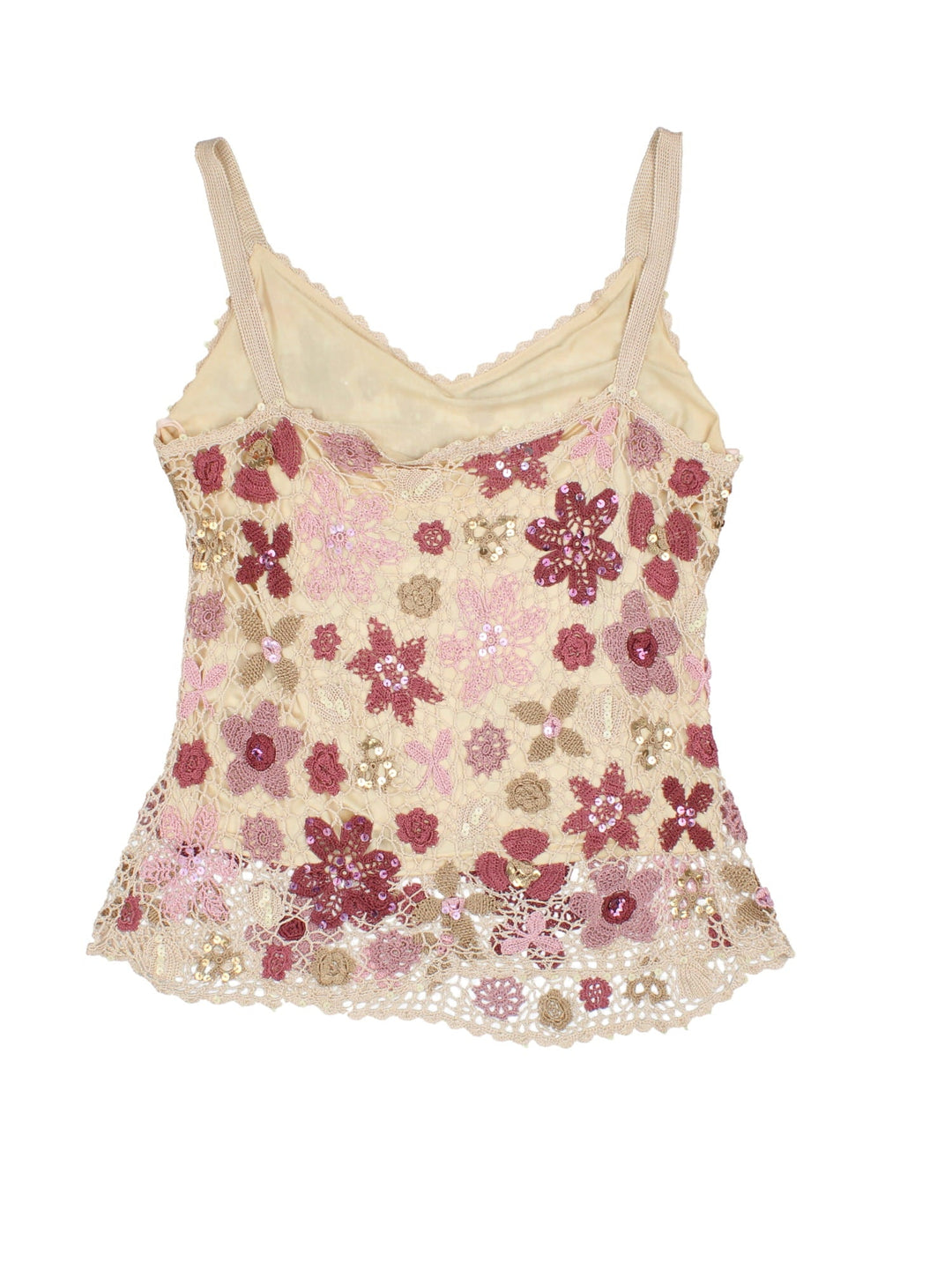 Y2K sequined crochet top in tan with pink floral designs and an attached tan cami underneath by Etam.