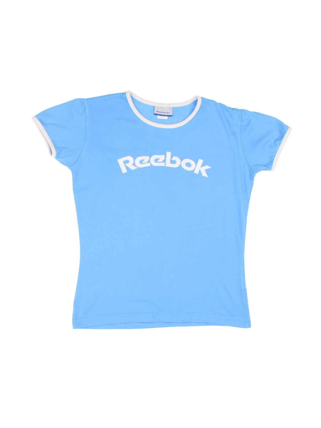 Y2K Reebok baby tee in powder blue with white piping and an embroidered spellout on the front.