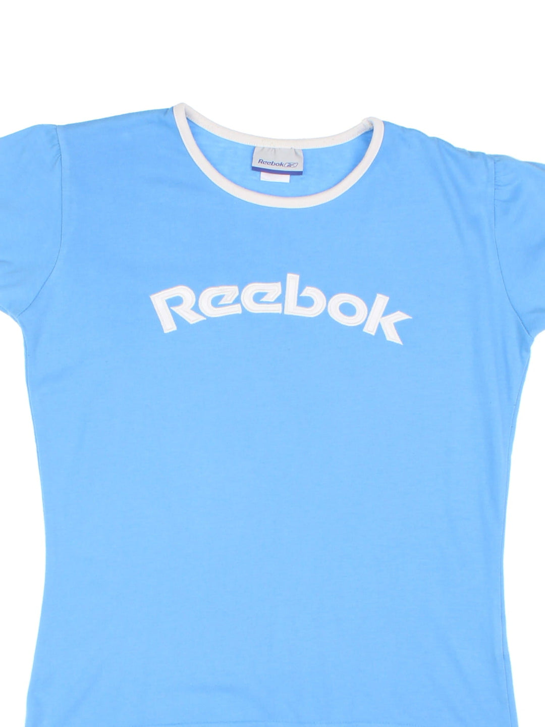 Y2K Reebok baby tee in powder blue with white piping and an embroidered spellout on the front.