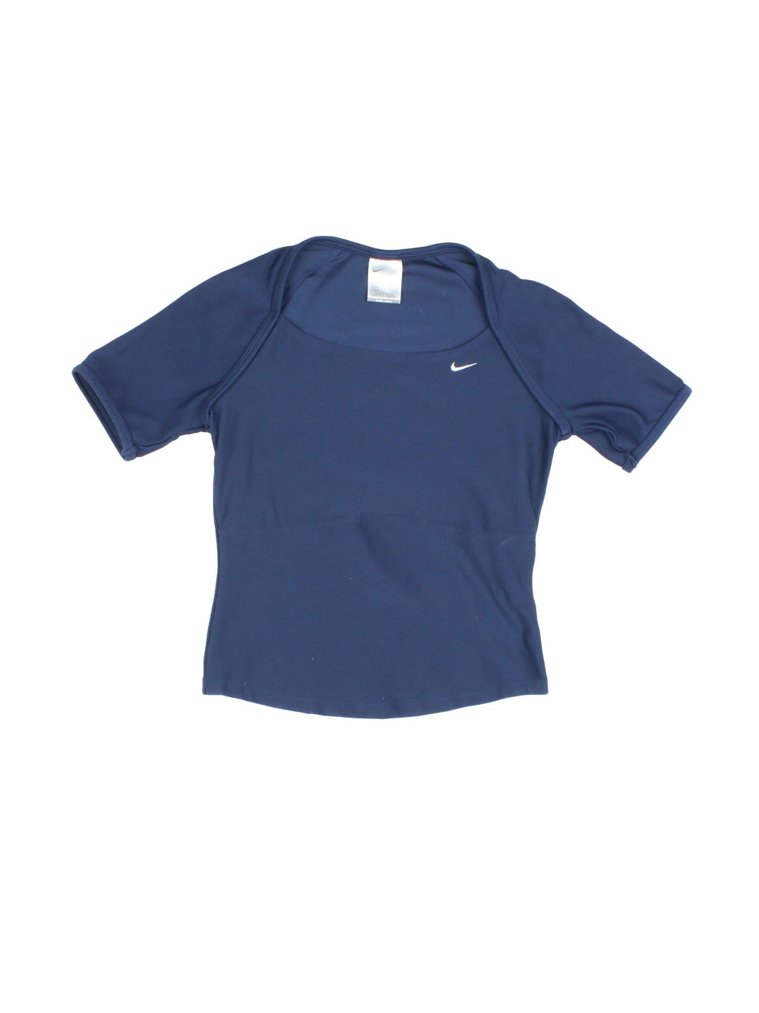 Y2K Nike Dri-Fit square neck baby tee in navy blue with a small embroidered swoosh on the chest.