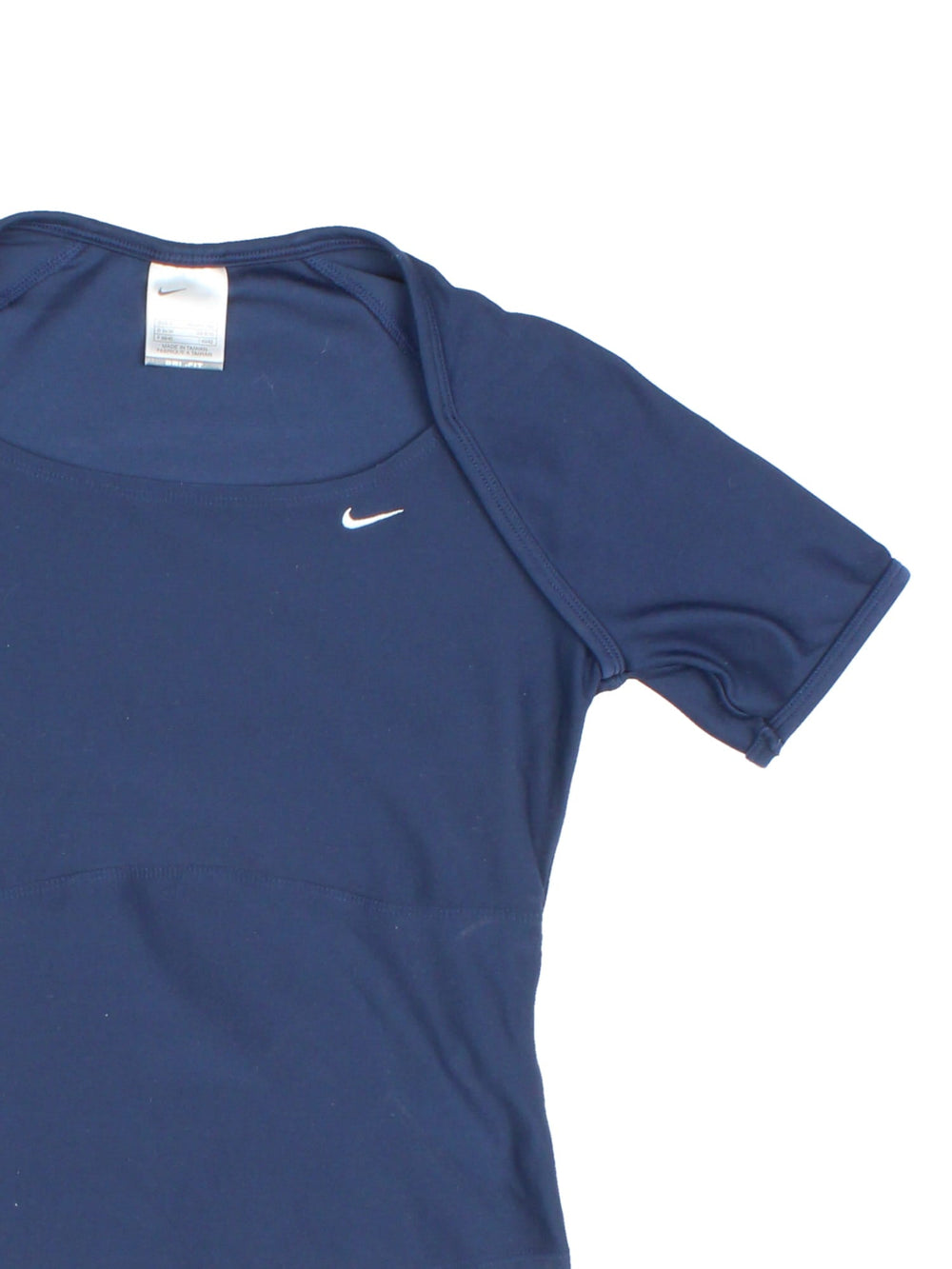 Y2K Nike Dri-Fit square neck baby tee in navy blue with a small embroidered swoosh on the chest.