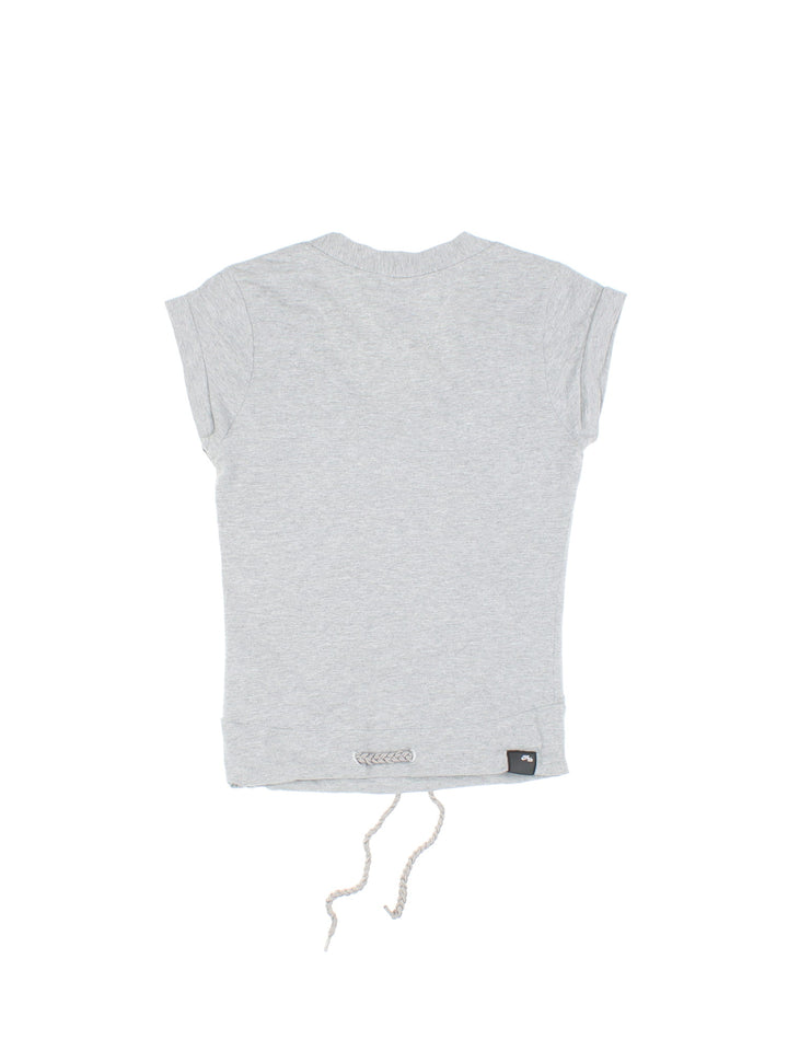 Y2K Nike Air baby tee in grey marl with a drawstring at the waistband, an embroidered logo on the front, and a small branded tab on the back hem.