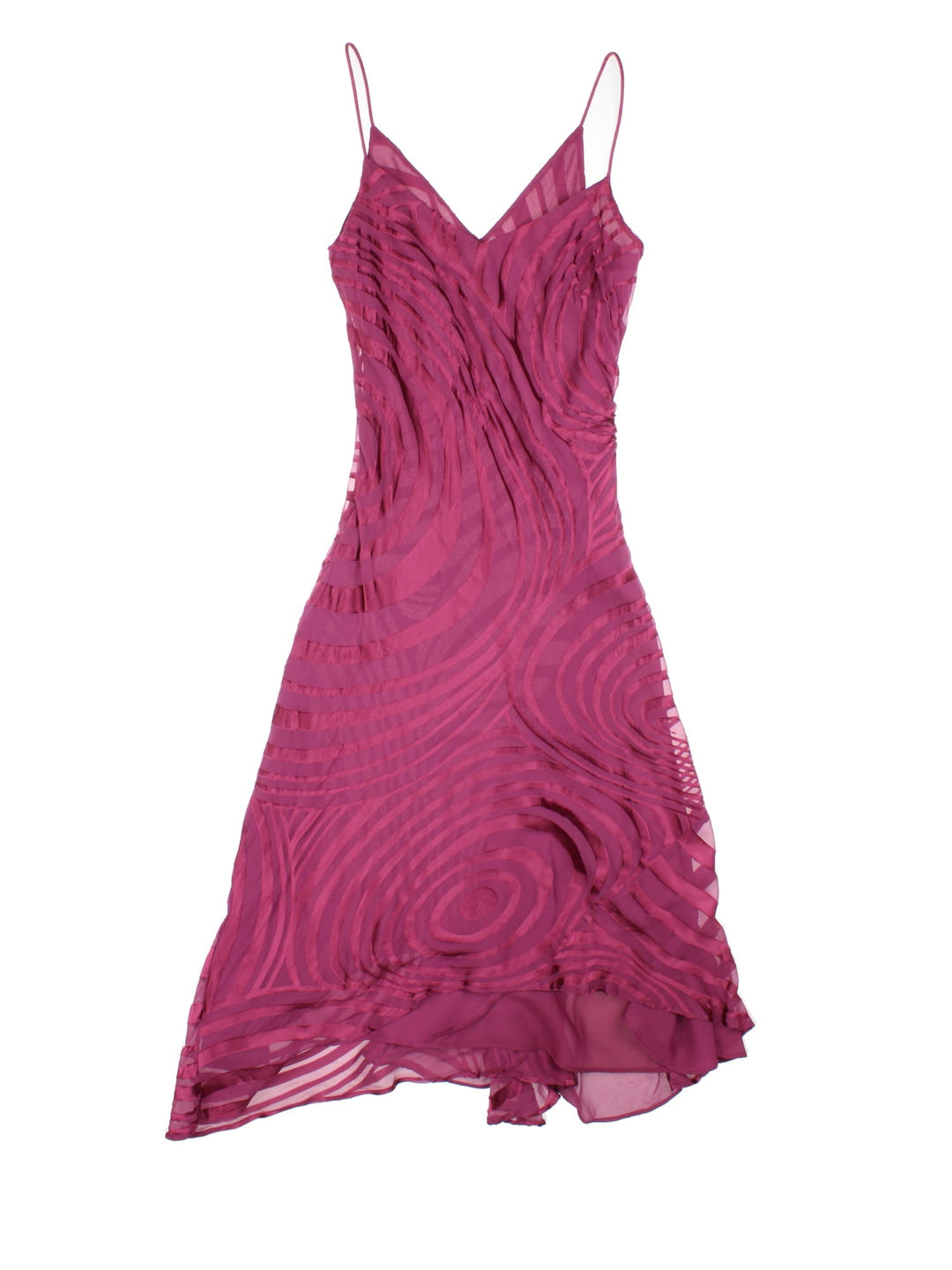 Y2K Monsoon midi dress in a deep pink with abstract swirl designs.