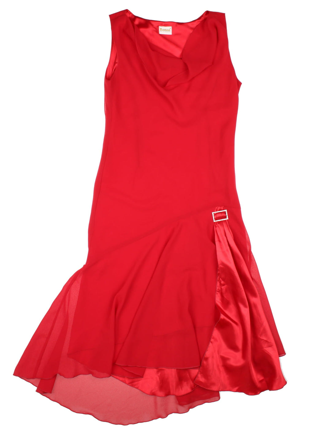 Y2K cowl neck midi dress in red with a drop waist and silky sash detail at the hip with diamante buckle.