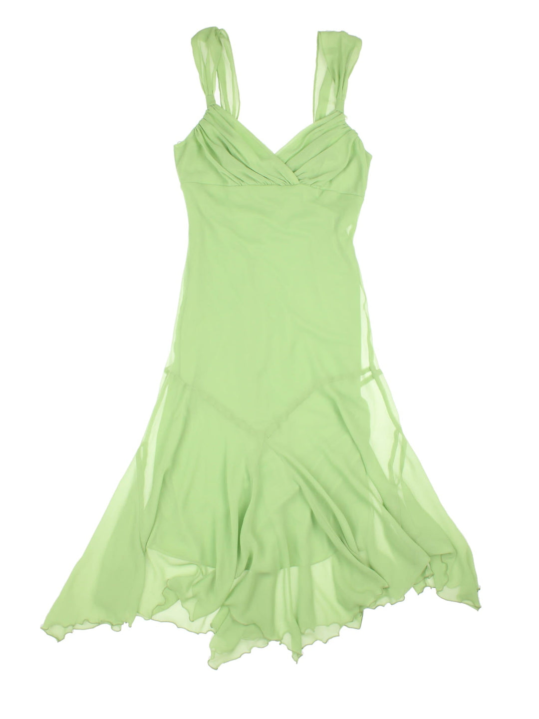 Y2K crepe midi dress in pale green with ruching at the bust and a lettuce hem by Bay.