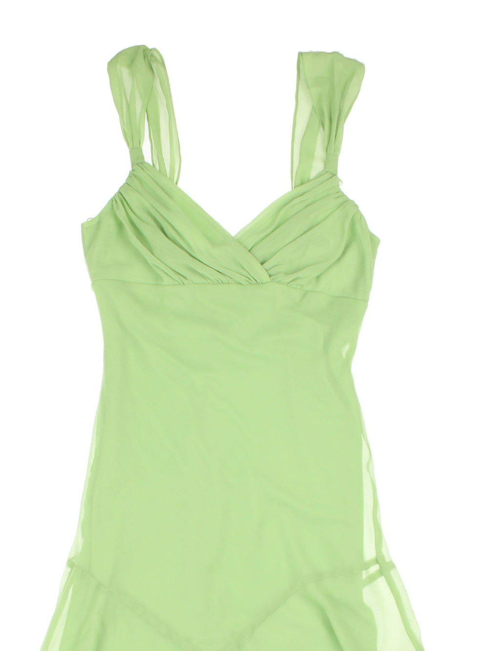 Y2K crepe midi dress in pale green with ruching at the bust and a lettuce hem by Bay.