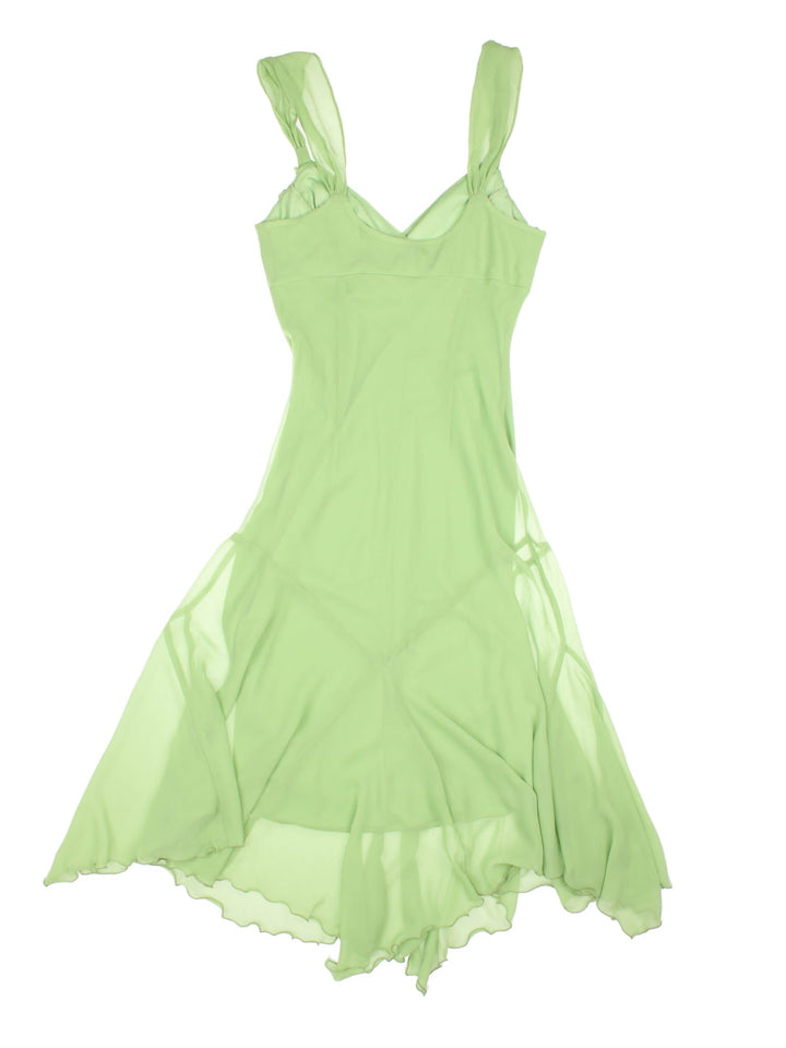 Y2K crepe midi dress in pale green with ruching at the bust and a lettuce hem by Bay.