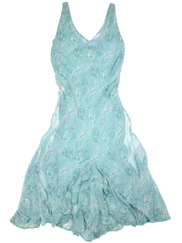 Y2K paisley maxi dress in blue with flounce details at the hem by East.