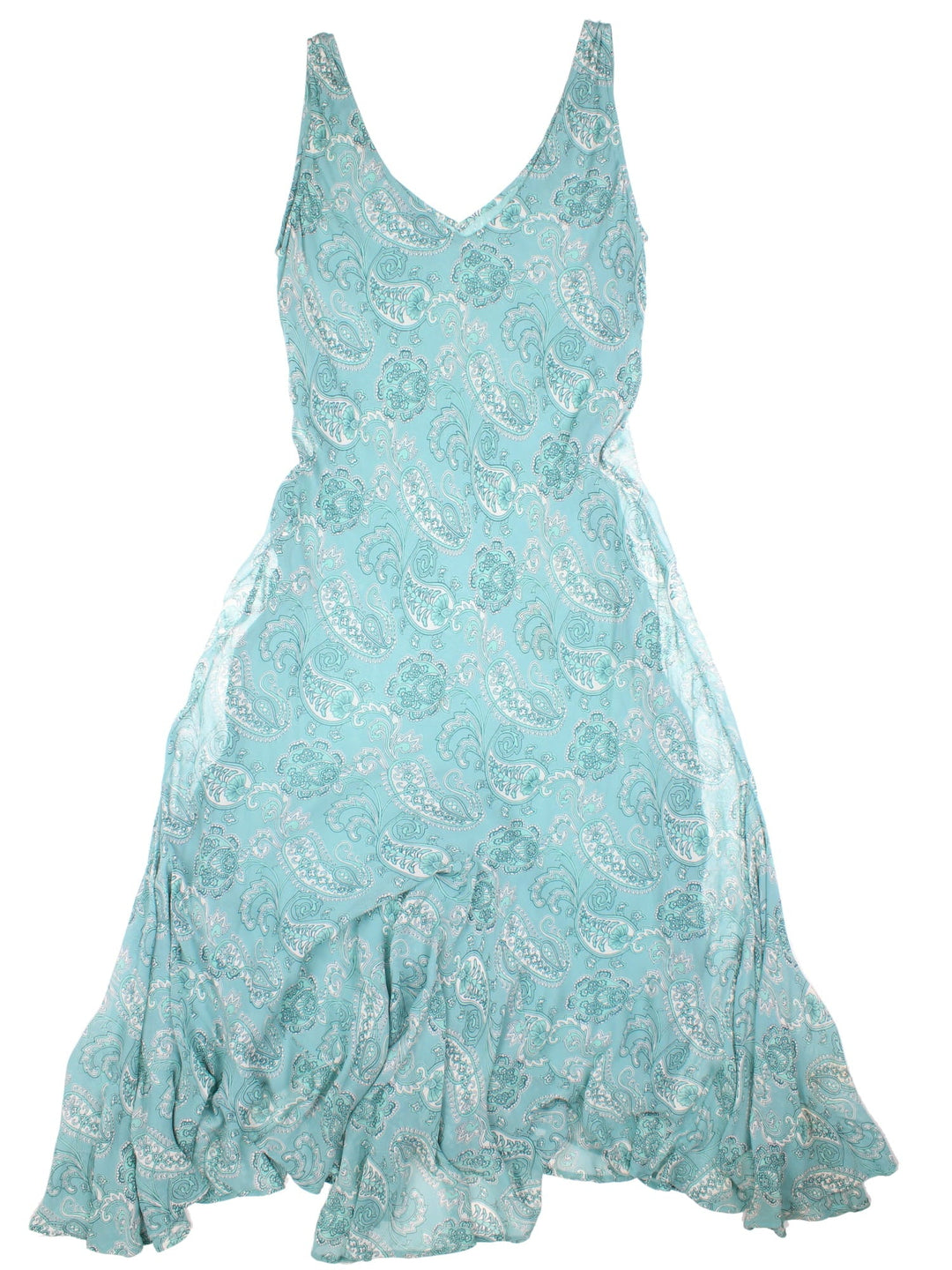 Y2K paisley maxi dress in blue with flounce details at the hem by East.