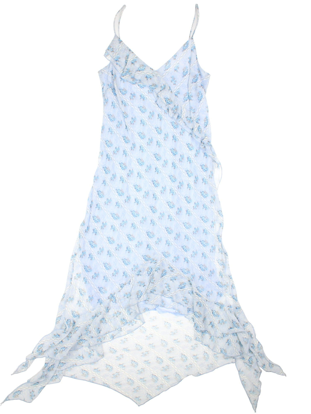 Y2K floral print strappy midi dress in blue and white with frill details and an asymmetrical hem.