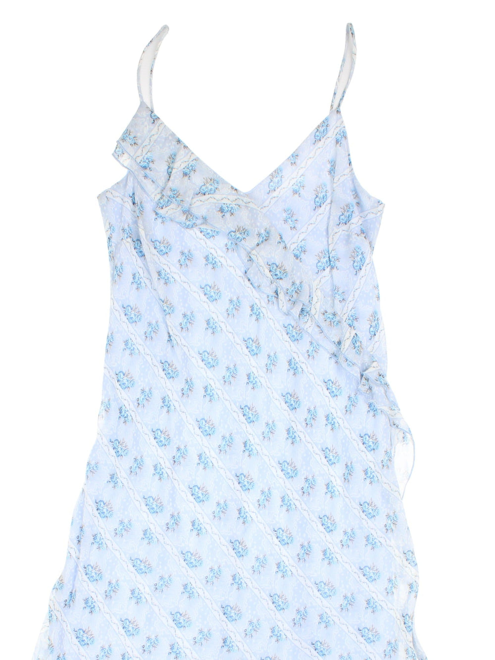 Y2K floral print strappy midi dress in blue and white with frill details and an asymmetrical hem.