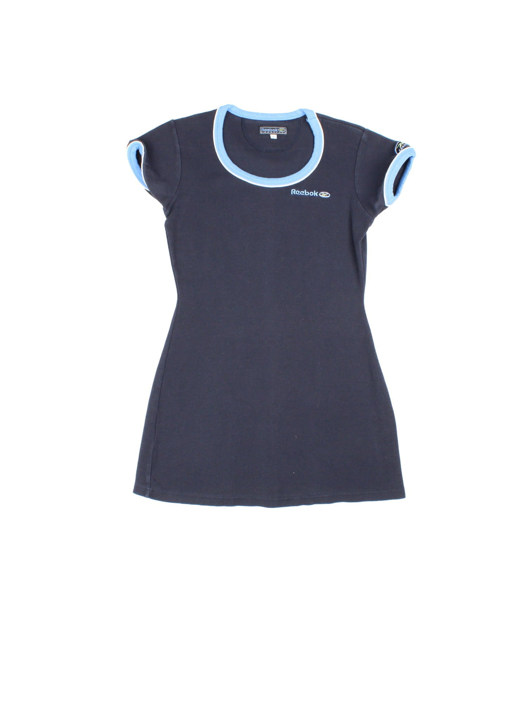 Y2K Reebok mini dress in navy blue with pale blue and white piping, a Reebok logo embroidered on the chest and sleeve.